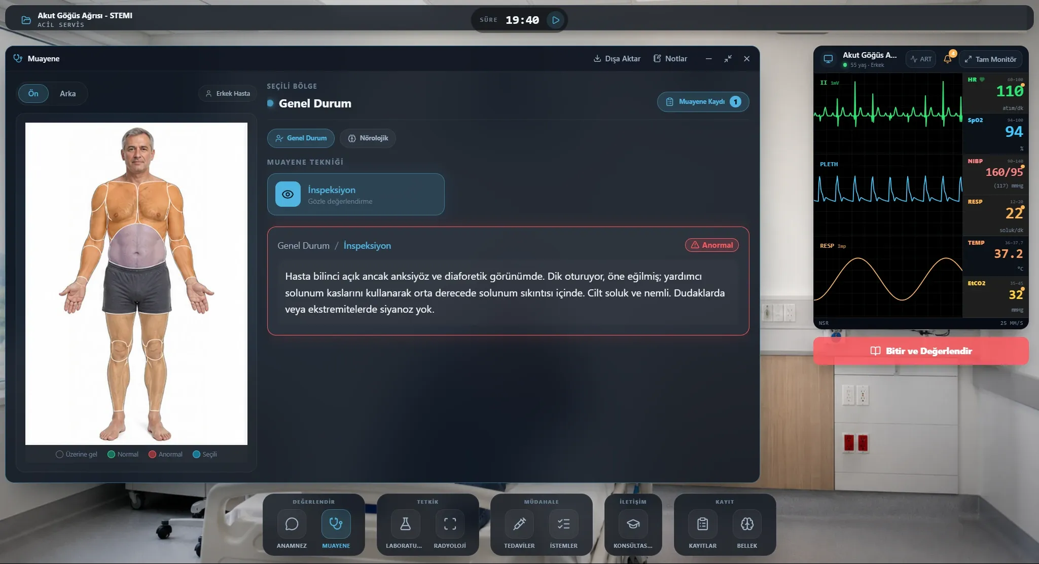LivingPatient examination screen with region selection, an examination finding and the patient monitor.
