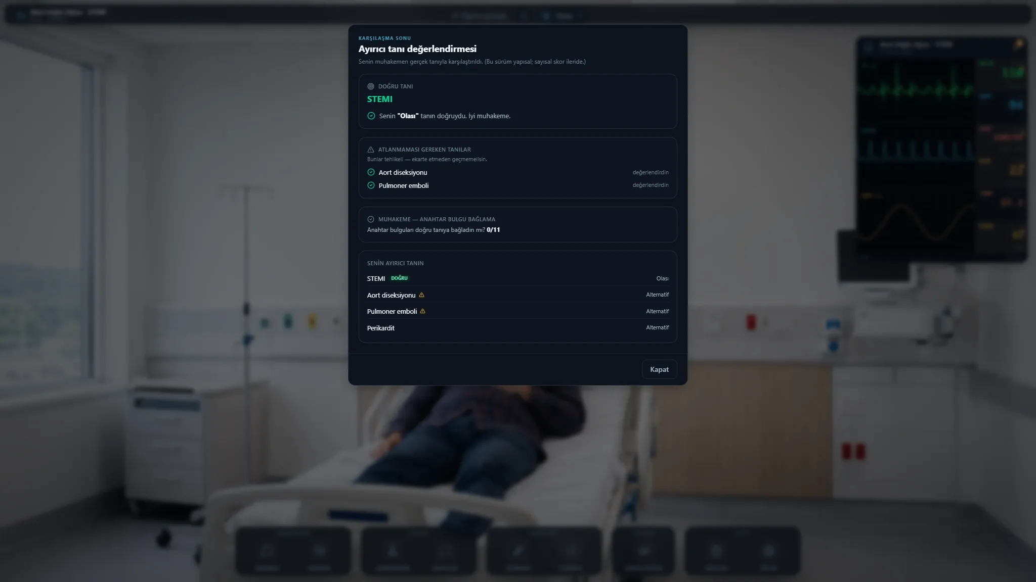 Review screen showing the case diagnosis, likely and alternative diagnoses, and the number of linked findings.